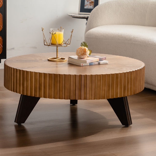 English Elm 35.4 Modern Round Retro Coffee Table with Solid Wood & MDF, Sturdy 110lb Capacity, Stylish Centerpiece Natural W757P241081