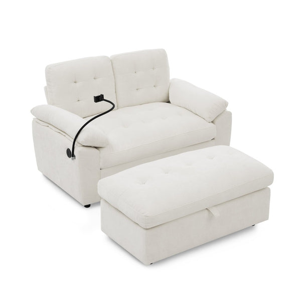English Elm Leisure Chenille Two Seat Reclining Sofa with Usb Port Storage Ottoman Padded Armrests Beige W487S00520