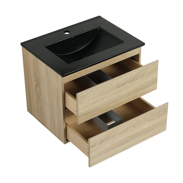 English Elm 24" Wall-Mounted Bathroom Vanity With Black Sink, 2 Soft-Close Drawers - Ideal For Compact Spaces! W999S00192