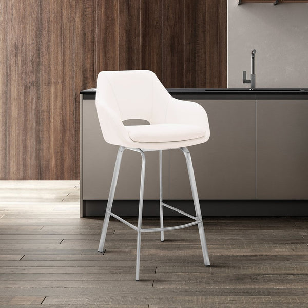 English Elm Freya 30" Swivel Bar Stool in White Faux Leather with Brushed Stainless Steel Base — Durable, Stylish Comfort B2736P268545