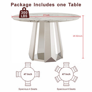English Elm 47" Round Marble Dining Table - Modern High Gloss Faux Marble Top & Stainless Steel Base For Elegance W3456S00034