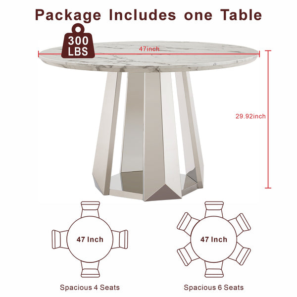English Elm 47" Round Marble Dining Table - Modern High Gloss Faux Marble Top & Stainless Steel Base For Elegance W3456S00034