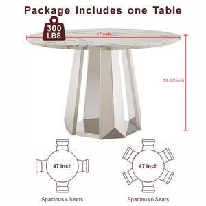 English Elm 47" Round Faux Marble Dining Table Mirror Polished Steel Base Seats Four Modern W3456S00034