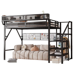 English Elm Queen Metal Loft Bed with Stair Storage Wardrobe Rgb Lighting for Teens Adults W2580S00052
