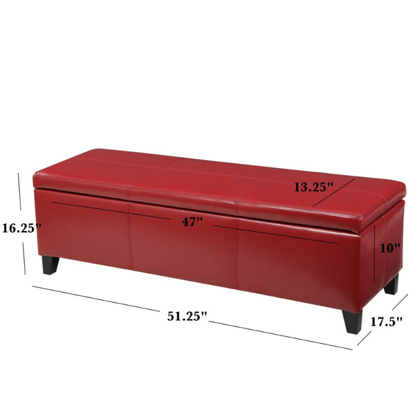 English Elm Upholstered Pu Leather Storage Ottoman with Solid Wood Legs Hinged Lid Bench Seat Red N757P414088R
