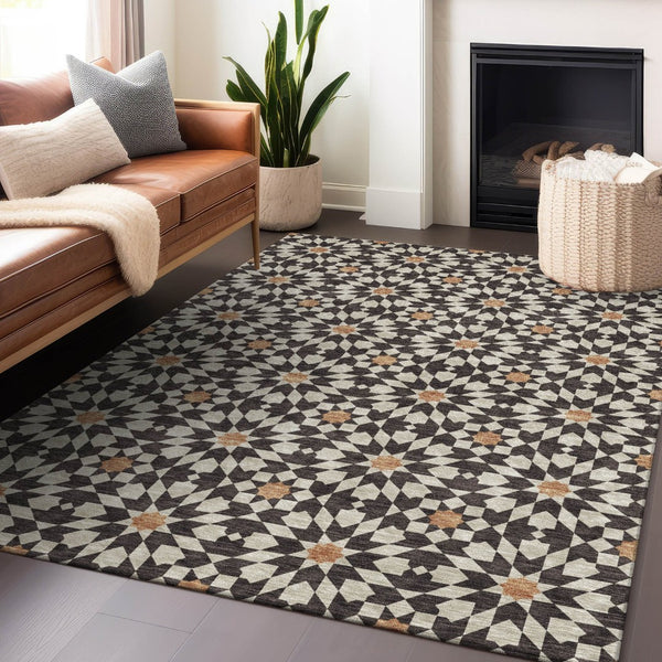 HomeRoots 9' X 12' Charcoal Silver & Copper Geometric Rug – Washable, UV-Protected, Stylish & Durable Design 662000