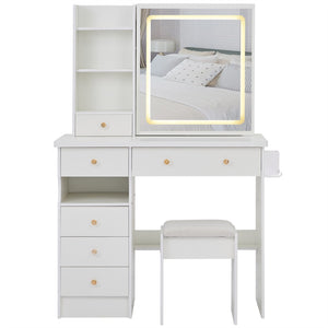 English Elm 37" Vanity Table Set with Led Mirror Stool Built-in Outlets and Hair Dryer Storage White W3258P448842
