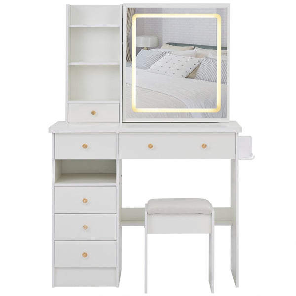 English Elm 37" Vanity Table Set with Led Mirror Stool Built-in Outlets and Hair Dryer Storage White W3258P448842
