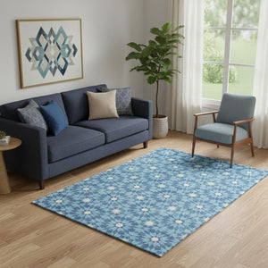 HomeRoots 5' X 8' Denim Blue & Ivory Geometric Area Rug - Washable, UV-Protected, Stain-Resistant Design! 662009