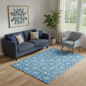 HomeRoots 5' X 8' Denim Blue & Ivory Geometric Area Rug - Washable, UV-Protected, Stain-Resistant Design! 662009