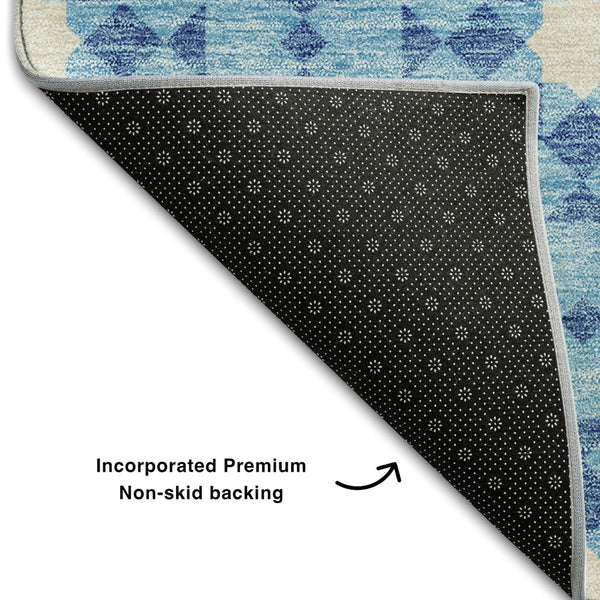 HomeRoots 5' X 8' Denim Blue & Ivory Geometric Area Rug - Washable, UV-Protected, Stain-Resistant Design! 662009