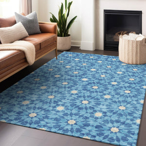 HomeRoots 5' X 8' Denim Blue & Ivory Geometric Area Rug - Washable, UV-Protected, Stain-Resistant Design! 662009