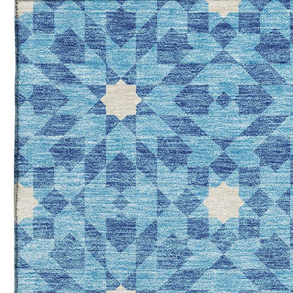 HomeRoots 5' X 8' Denim Blue & Ivory Geometric Area Rug - Washable, UV-Protected, Stain-Resistant Design! 662009