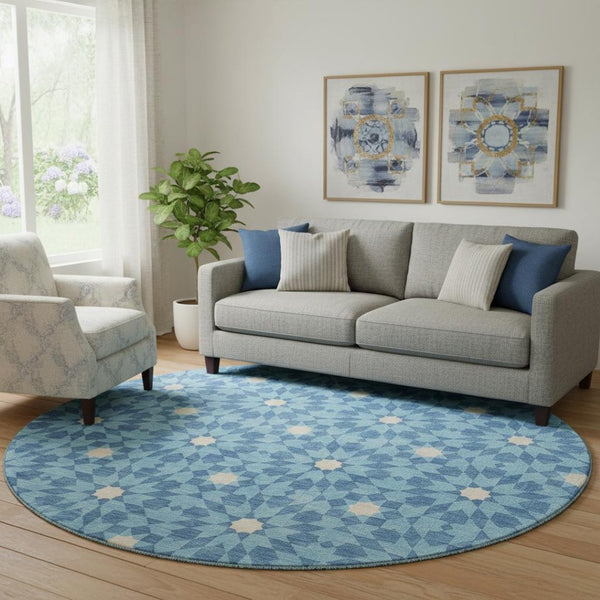 HomeRoots 8' Stylish Denim Blue & Ivory Geometric Round Rug with UV Protection – Durable, Washable, Soft & Easy-Care 662010