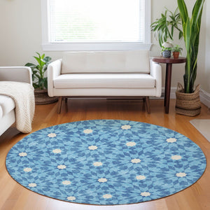 HomeRoots 8' Stylish Denim Blue & Ivory Geometric Round Rug with UV Protection – Durable, Washable, Soft & Easy-Care 662010