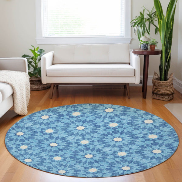 HomeRoots 8' Stylish Denim Blue & Ivory Geometric Round Rug with UV Protection – Durable, Washable, Soft & Easy-Care 662010