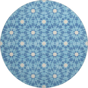 HomeRoots 8' Stylish Denim Blue & Ivory Geometric Round Rug with UV Protection – Durable, Washable, Soft & Easy-Care 662010