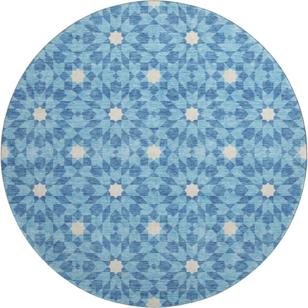 HomeRoots 8' Stylish Denim Blue & Ivory Geometric Round Rug with UV Protection – Durable, Washable, Soft & Easy-Care 662010