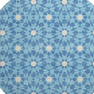 HomeRoots 8' Stylish Denim Blue & Ivory Geometric Round Rug with UV Protection – Durable, Washable, Soft & Easy-Care 662010