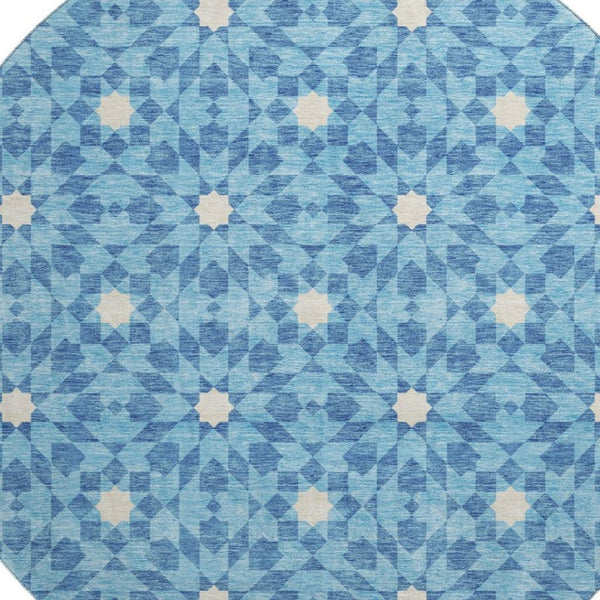 HomeRoots 8' Stylish Denim Blue & Ivory Geometric Round Rug with UV Protection – Durable, Washable, Soft & Easy-Care 662010