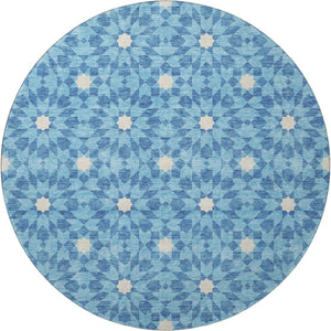 HomeRoots 8' Stylish Denim Blue & Ivory Geometric Round Rug with UV Protection – Durable, Washable, Soft & Easy-Care 662010