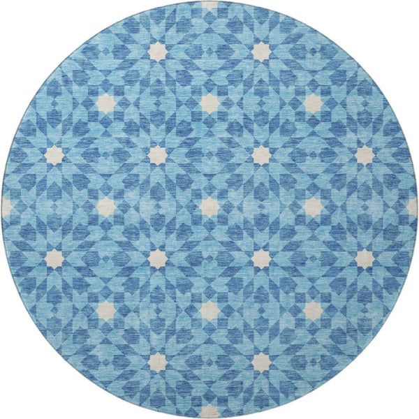 HomeRoots 8' Stylish Denim Blue & Ivory Geometric Round Rug with UV Protection – Durable, Washable, Soft & Easy-Care 662010