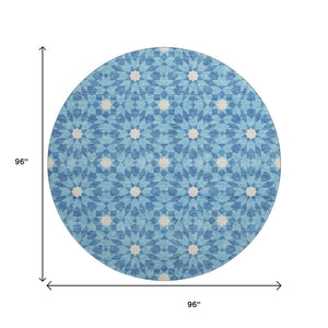 HomeRoots 8' Stylish Denim Blue & Ivory Geometric Round Rug with UV Protection – Durable, Washable, Soft & Easy-Care 662010