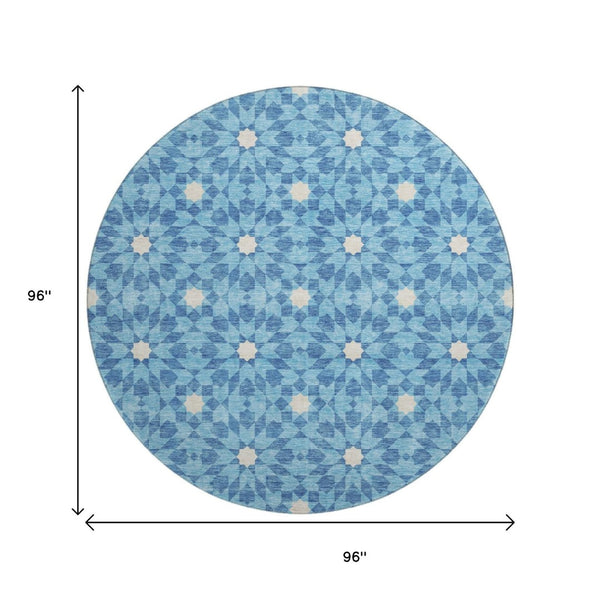 HomeRoots 8' Stylish Denim Blue & Ivory Geometric Round Rug with UV Protection – Durable, Washable, Soft & Easy-Care 662010