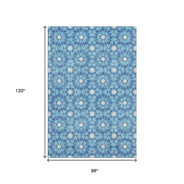 HomeRoots 8' X 10' Denim Blue & Ivory Geometric Area Rug - Washable, UV-Protected, Durable & Stylish Design 662011