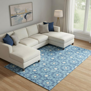 HomeRoots 8' X 10' Denim Blue & Ivory Geometric Area Rug - Washable, UV-Protected, Durable & Stylish Design 662011