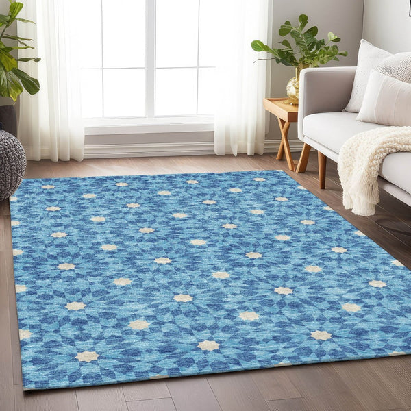 HomeRoots 8' X 10' Denim Blue & Ivory Geometric Area Rug - Washable, UV-Protected, Durable & Stylish Design 662011