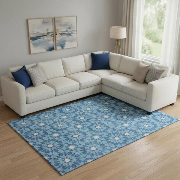 HomeRoots 9' X 12' Denim Blue & Ivory Geometric Area Rug - Durable, Stain-Resistant, UV Protected Design! 662012