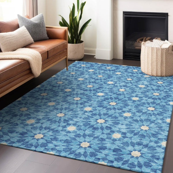 HomeRoots 9' X 12' Denim Blue & Ivory Geometric Area Rug - Durable, Stain-Resistant, UV Protected Design! 662012