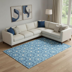 HomeRoots 10' X 14' Denim Blue Geometric Area Rug - Stain-Resistant, UV Protected & Machine-Washable Style 662013