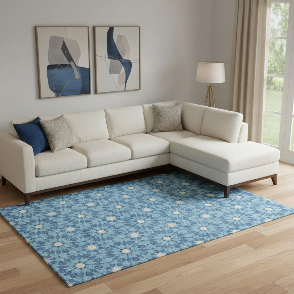 HomeRoots 10' X 14' Denim Blue Geometric Area Rug - Stain-Resistant, UV Protected & Machine-Washable Style 662013