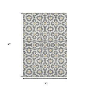 HomeRoots 5' X 8' Modern Gray Ivory and Gold Geometric Washable Area Rug - UV Protected, Stain Resistant Design 662015