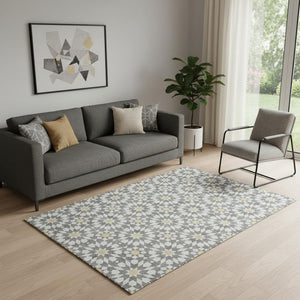 HomeRoots 5' X 8' Modern Gray Ivory and Gold Geometric Washable Area Rug - UV Protected, Stain Resistant Design 662015