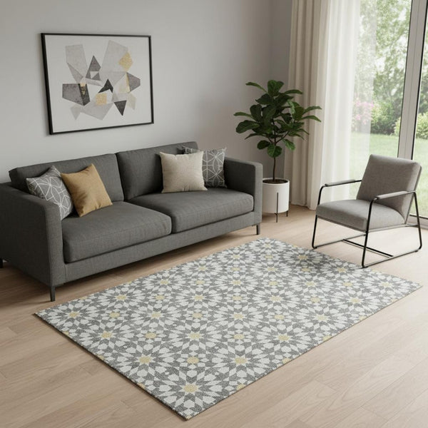 HomeRoots 5' X 8' Modern Gray Ivory and Gold Geometric Washable Area Rug - UV Protected, Stain Resistant Design 662015