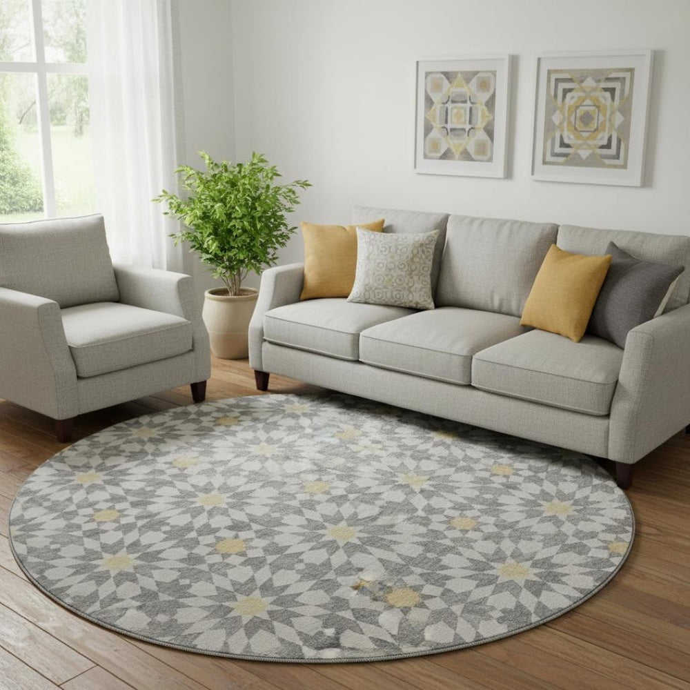 HomeRoots 8' Gray Ivory Gold Geometric Washable Round Rug – Stylish, Durable, Stain-Resistant & UV Protected! 662016