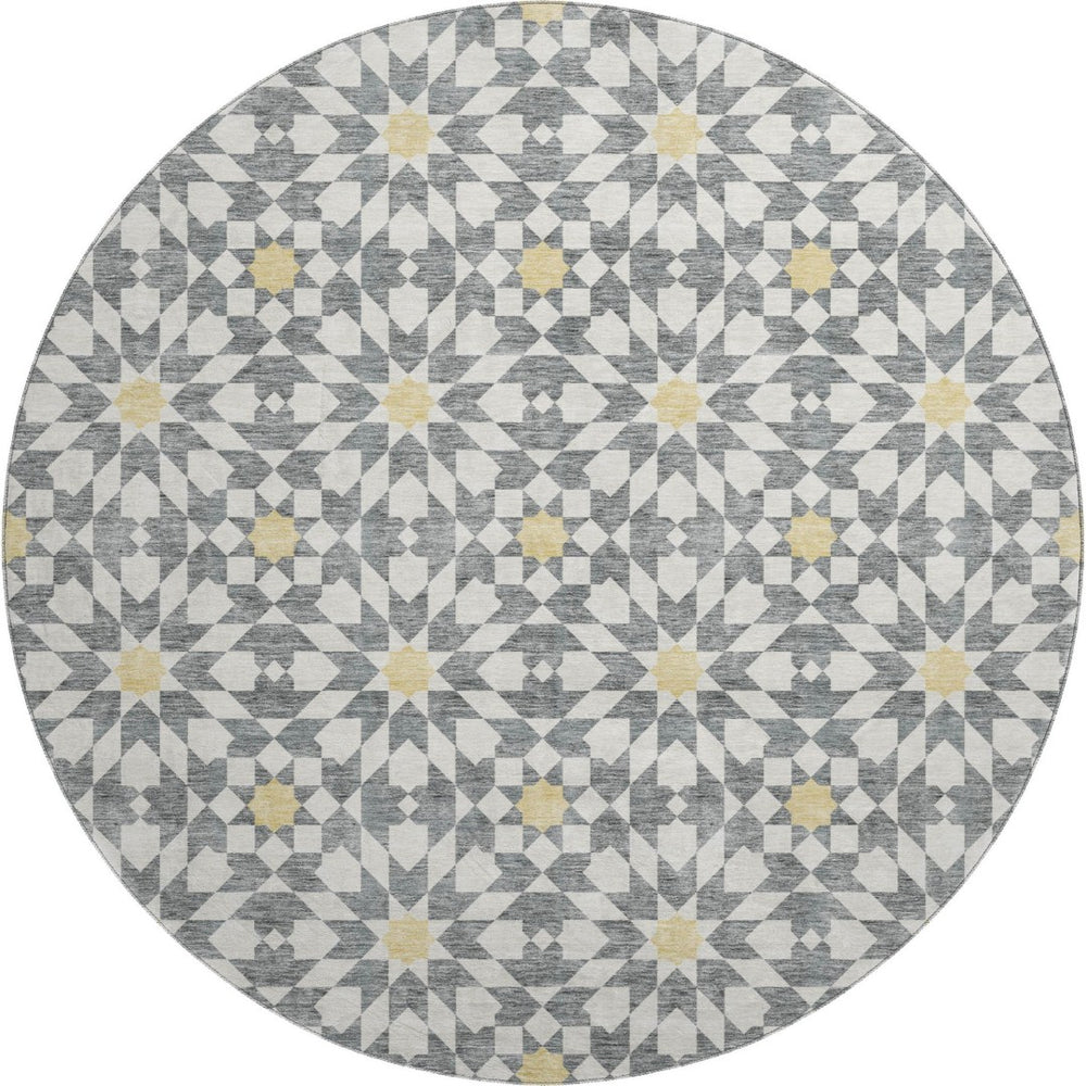 HomeRoots 8' Gray Ivory Gold Geometric Washable Round Rug – Stylish, Durable, Stain-Resistant & UV Protected! 662016