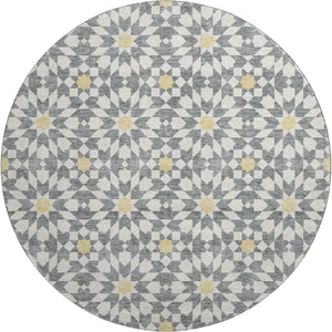 HomeRoots 8' Gray Ivory Gold Geometric Washable Round Rug – Stylish, Durable, Stain-Resistant & UV Protected! 662016