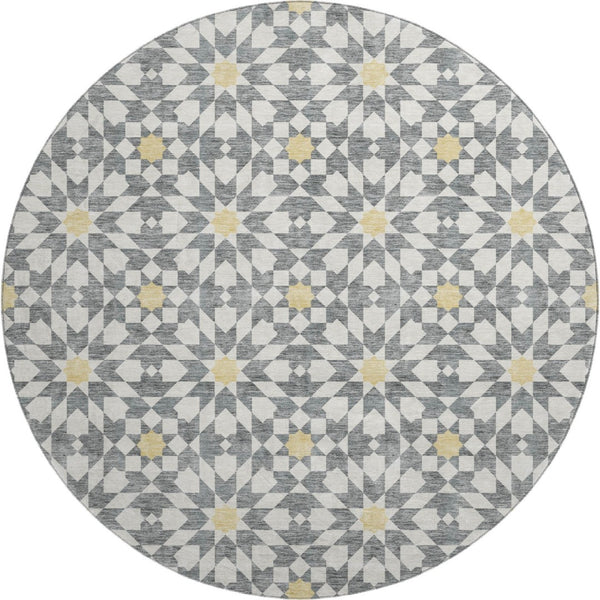 HomeRoots 8' Gray Ivory Gold Geometric Washable Round Rug – Stylish, Durable, Stain-Resistant & UV Protected! 662016