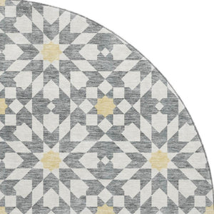 HomeRoots 8' Gray Ivory Gold Geometric Washable Round Rug – Stylish, Durable, Stain-Resistant & UV Protected! 662016