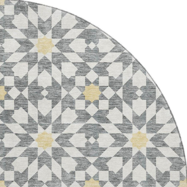 HomeRoots 8' Gray Ivory Gold Geometric Washable Round Rug – Stylish, Durable, Stain-Resistant & UV Protected! 662016