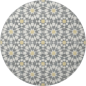 HomeRoots 8' Gray Ivory Gold Geometric Washable Round Rug – Stylish, Durable, Stain-Resistant & UV Protected! 662016