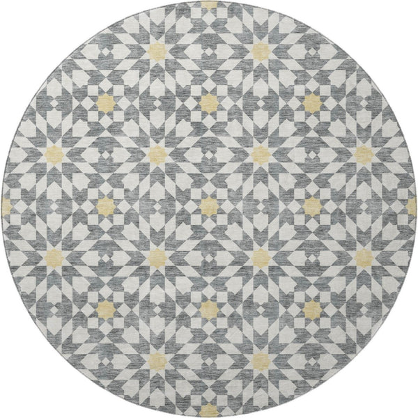 HomeRoots 8' Gray Ivory Gold Geometric Washable Round Rug – Stylish, Durable, Stain-Resistant & UV Protected! 662016