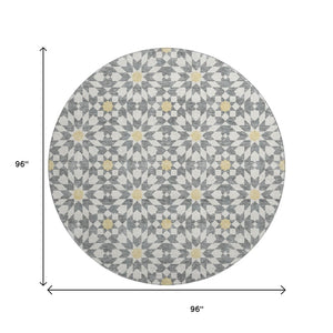 HomeRoots 8' Gray Ivory Gold Geometric Washable Round Rug – Stylish, Durable, Stain-Resistant & UV Protected! 662016