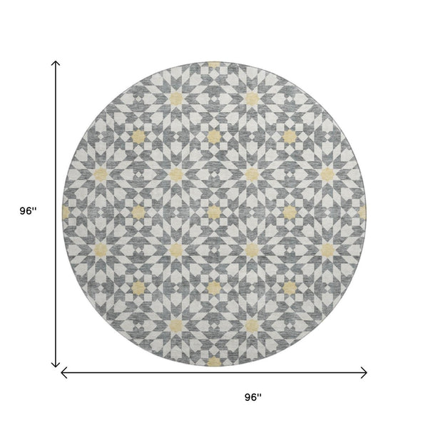 HomeRoots 8' Gray Ivory Gold Geometric Washable Round Rug – Stylish, Durable, Stain-Resistant & UV Protected! 662016