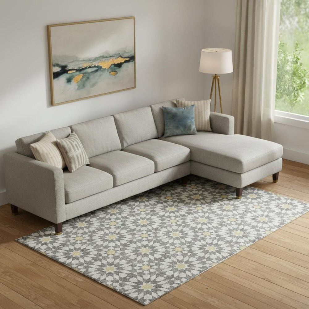 HomeRoots 8' X 10' Stylish Gray Ivory Gold Geometric Washable Area Rug with UV Protection for Modern Homes 662017