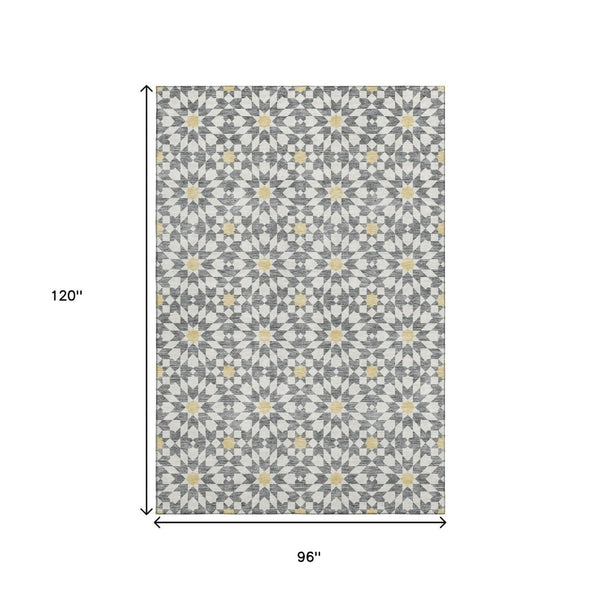 HomeRoots 8' X 10' Stylish Gray Ivory Gold Geometric Washable Area Rug with UV Protection for Modern Homes 662017